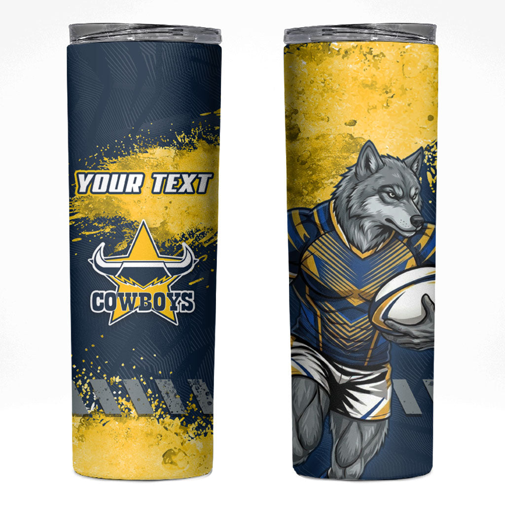Personalised North Queensland Cowboys Rugby Skinny Tumbler Wolf Mascot - Sporty Splash Art Style