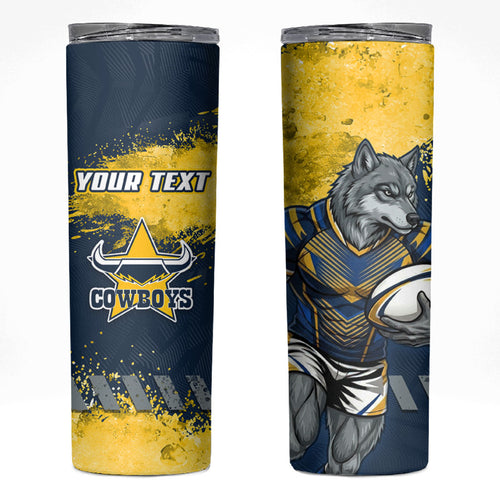 Personalised North Queensland Cowboys Rugby Skinny Tumbler Wolf Mascot - Sporty Splash Art Style