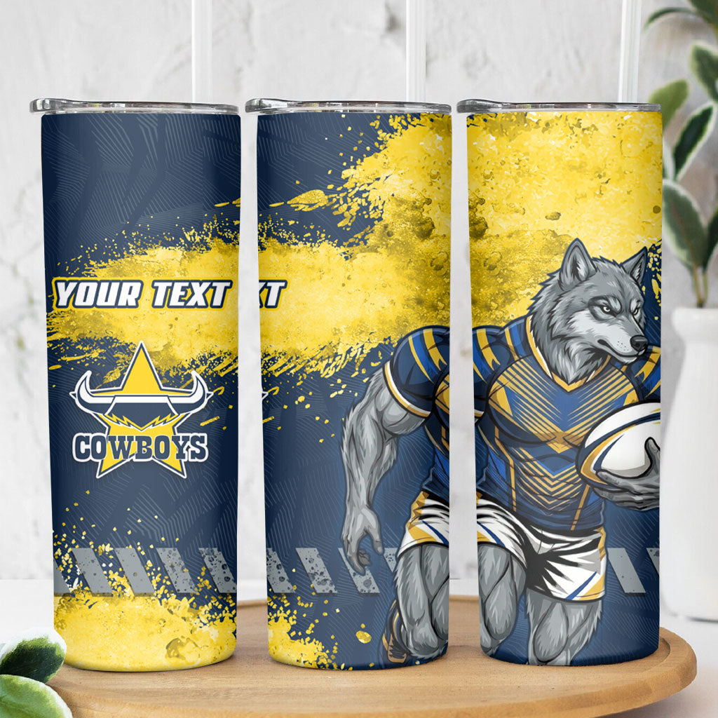 Personalised North Queensland Cowboys Rugby Skinny Tumbler Wolf Mascot - Sporty Splash Art Style