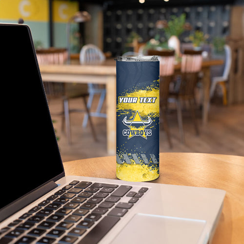 Personalised North Queensland Cowboys Rugby Skinny Tumbler Wolf Mascot - Sporty Splash Art Style