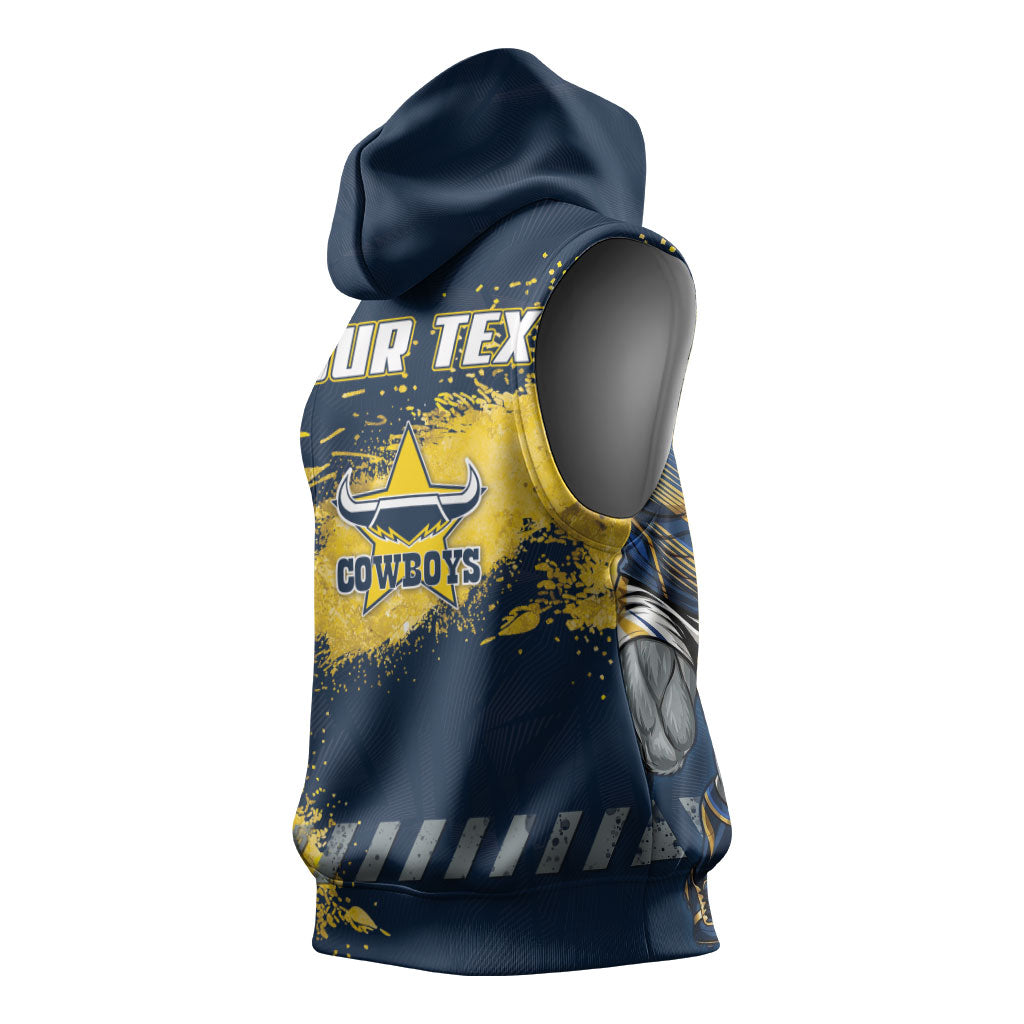 Personalised North Queensland Cowboys Rugby Sleeveless Hoodie Wolf Mascot - Sporty Splash Art Style