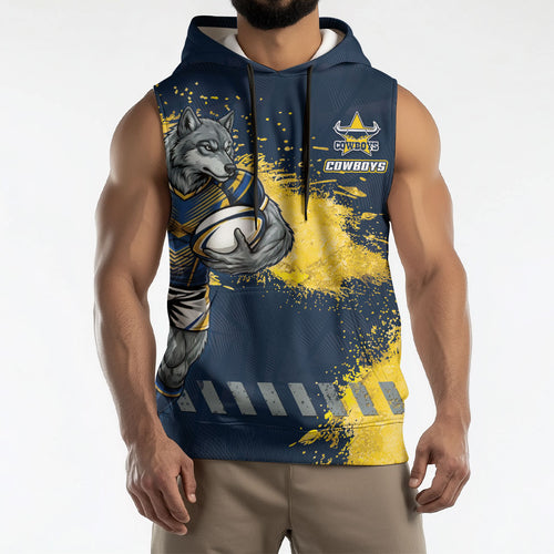 Personalised North Queensland Cowboys Rugby Sleeveless Hoodie Wolf Mascot - Sporty Splash Art Style