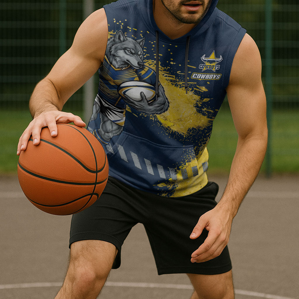 Personalised North Queensland Cowboys Rugby Sleeveless Hoodie Wolf Mascot - Sporty Splash Art Style