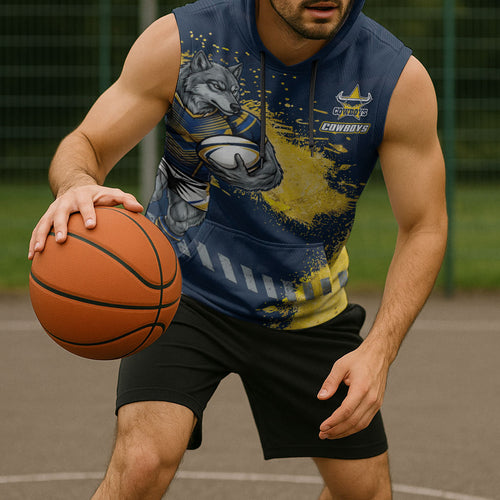 Personalised North Queensland Cowboys Rugby Sleeveless Hoodie Wolf Mascot - Sporty Splash Art Style
