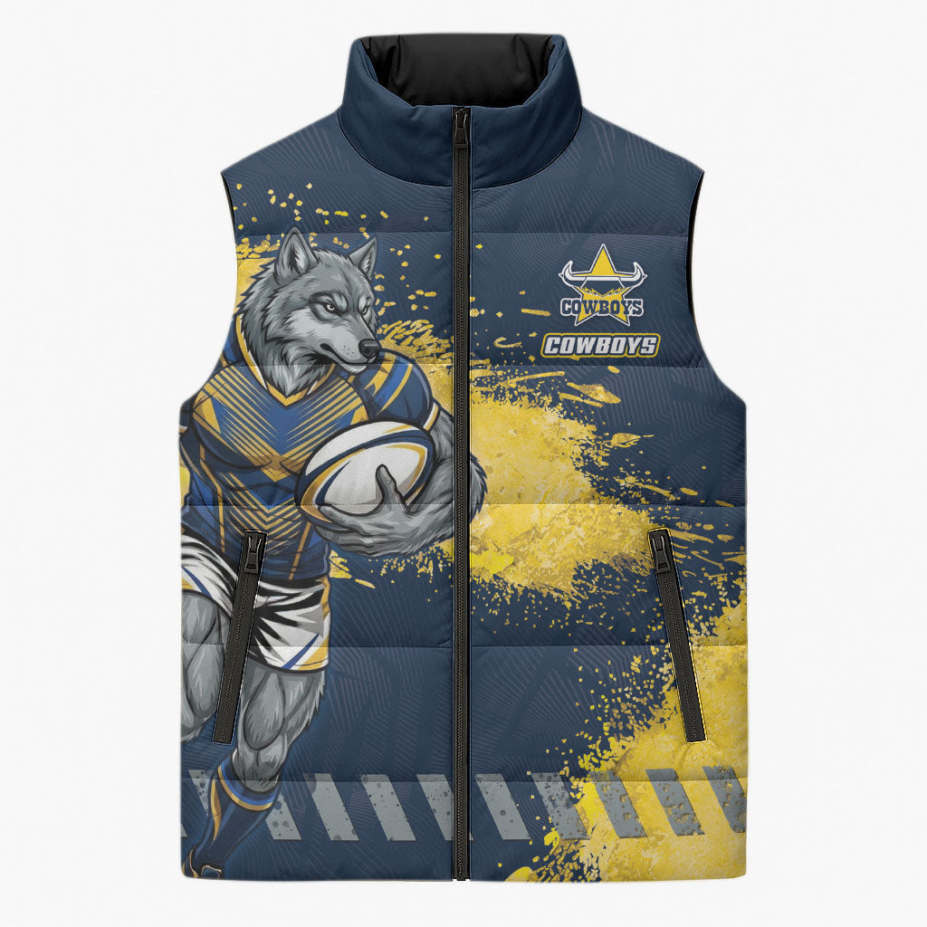 Personalised North Queensland Cowboys Rugby Sleeveless Puffer Jacket Wolf Mascot - Sporty Splash Art Style