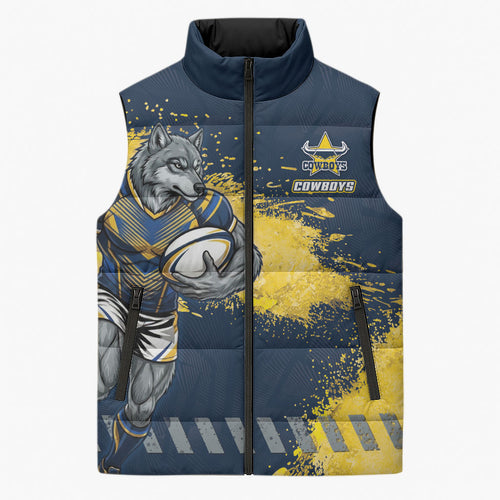 Personalised North Queensland Cowboys Rugby Sleeveless Puffer Jacket Wolf Mascot - Sporty Splash Art Style
