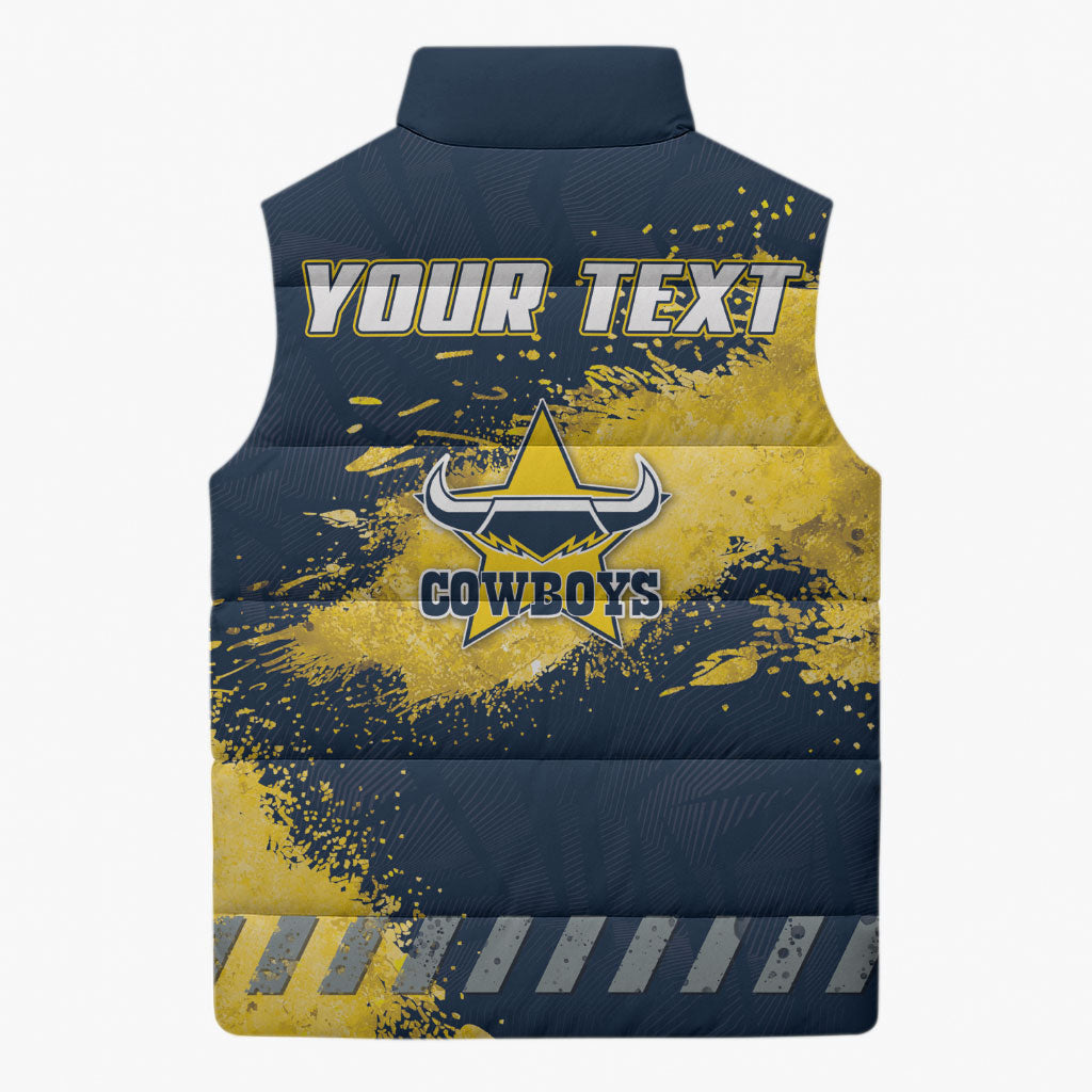 Personalised North Queensland Cowboys Rugby Sleeveless Puffer Jacket Wolf Mascot - Sporty Splash Art Style