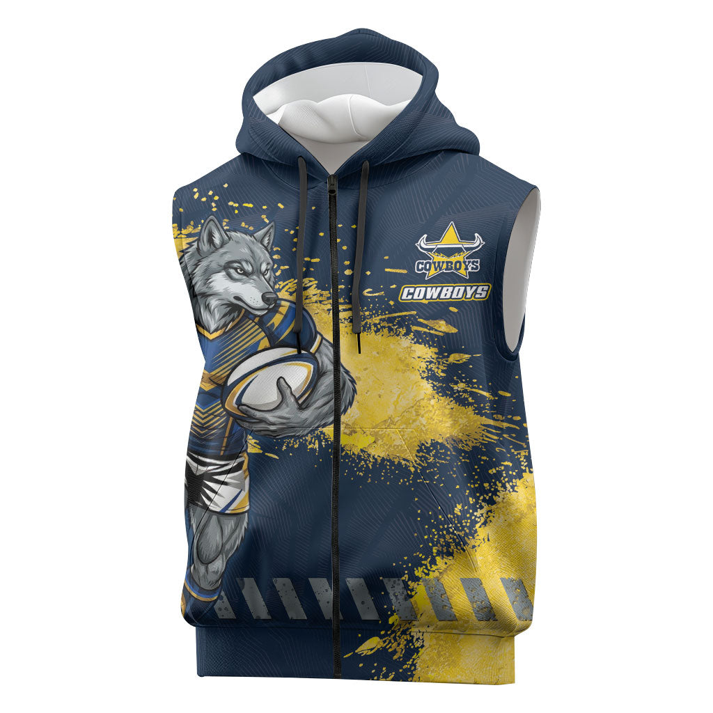 Personalised North Queensland Cowboys Rugby Sleeveless Zip Hoodie Wolf Mascot - Sporty Splash Art Style