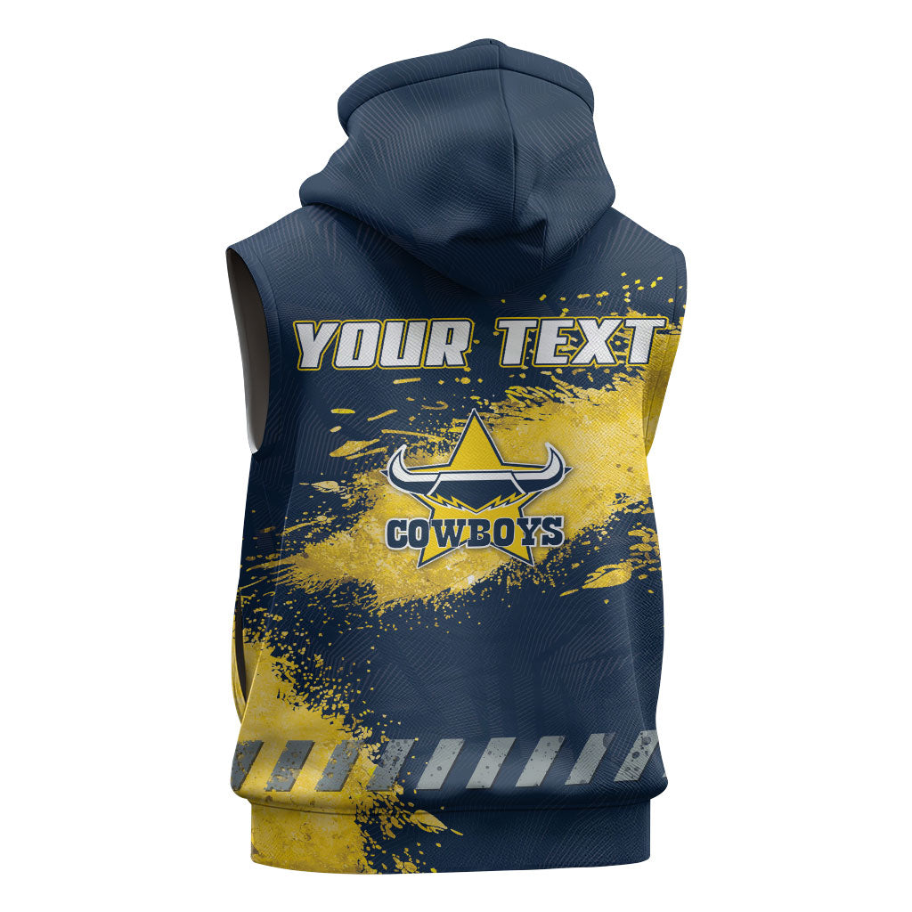 Personalised North Queensland Cowboys Rugby Sleeveless Zip Hoodie Wolf Mascot - Sporty Splash Art Style