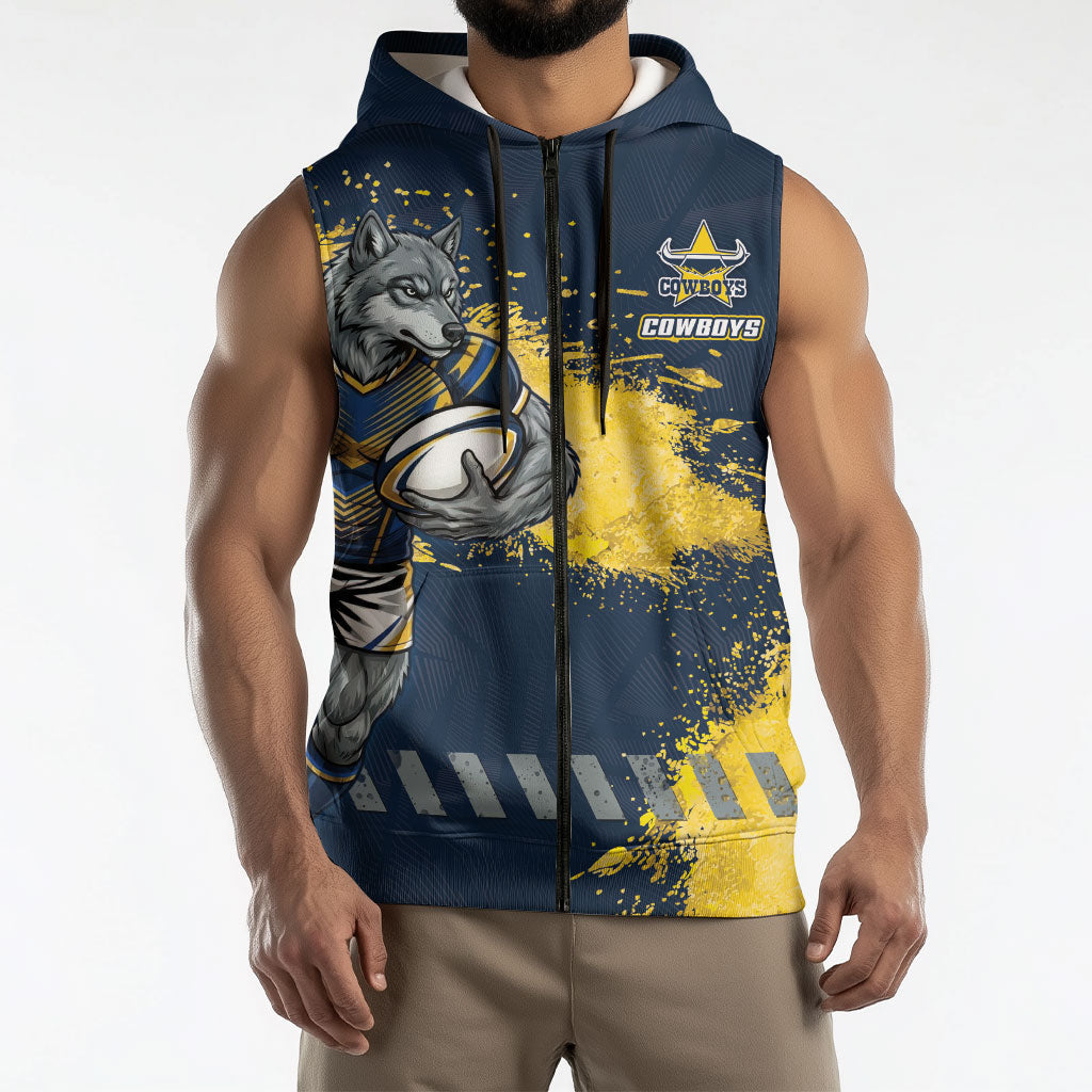 Personalised North Queensland Cowboys Rugby Sleeveless Zip Hoodie Wolf Mascot - Sporty Splash Art Style
