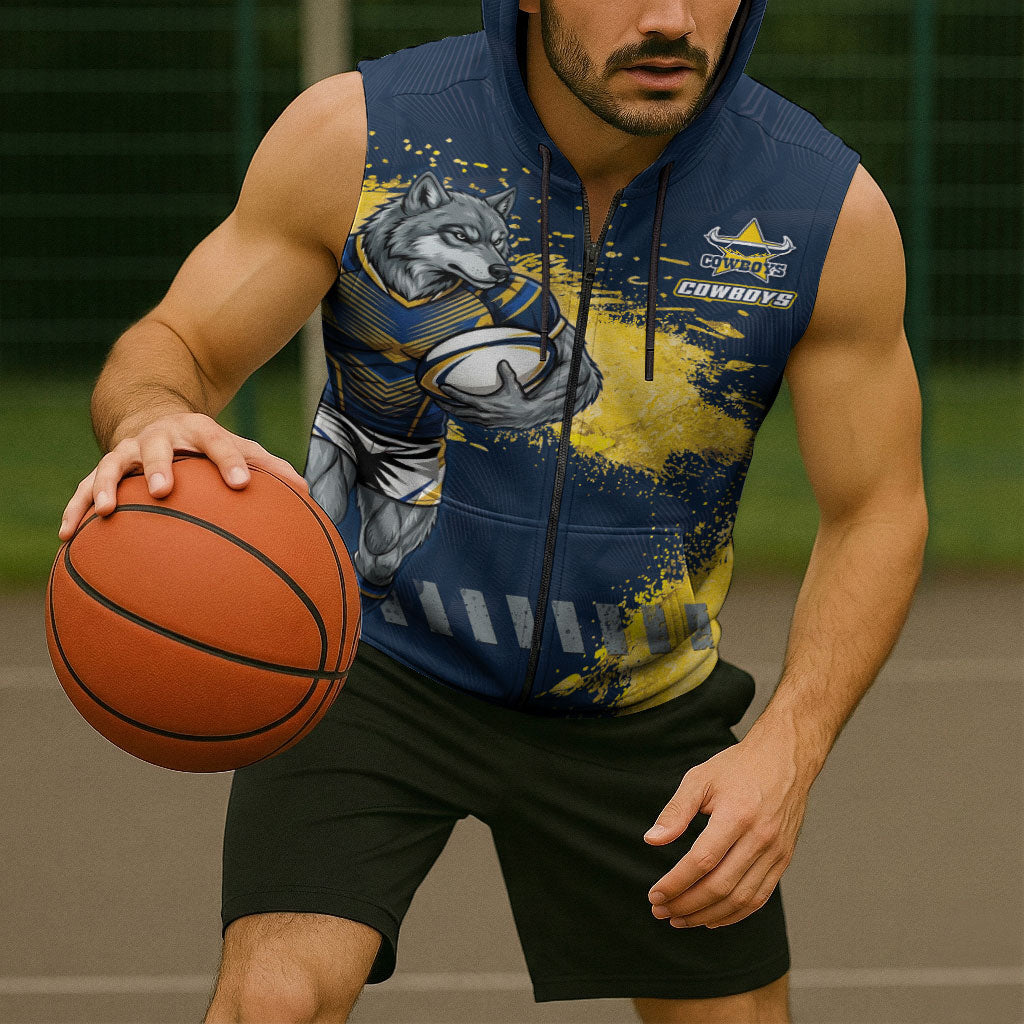 Personalised North Queensland Cowboys Rugby Sleeveless Zip Hoodie Wolf Mascot - Sporty Splash Art Style