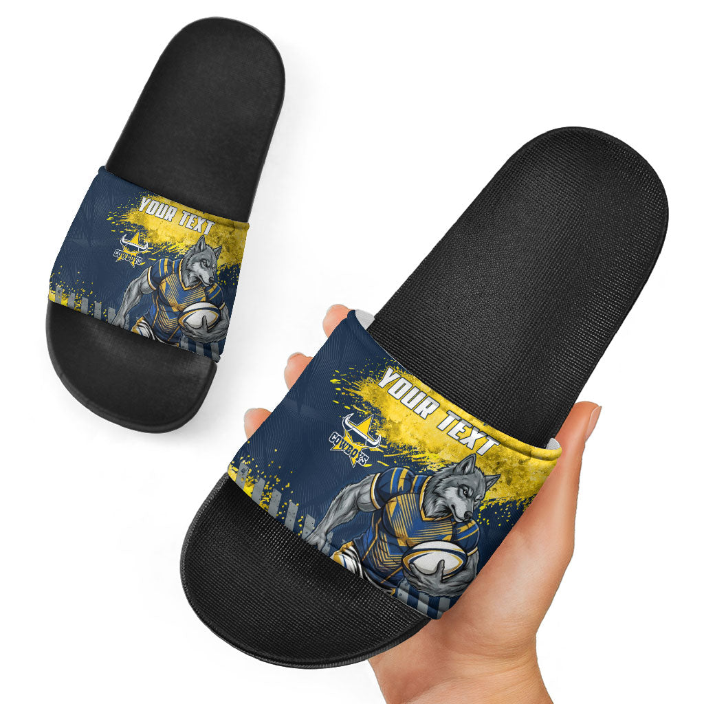 Personalised North Queensland Cowboys Rugby Slide Sandals Wolf Mascot - Sporty Splash Art Style