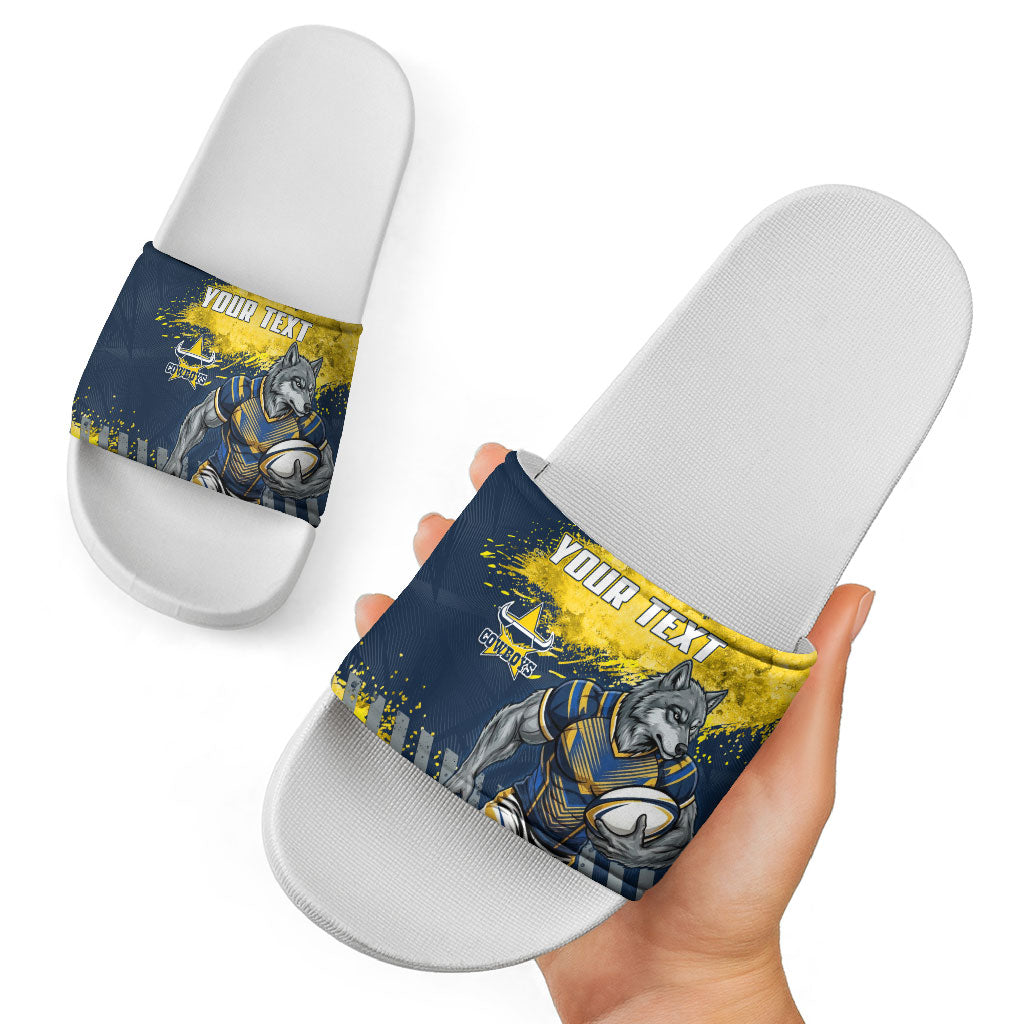 Personalised North Queensland Cowboys Rugby Slide Sandals Wolf Mascot - Sporty Splash Art Style