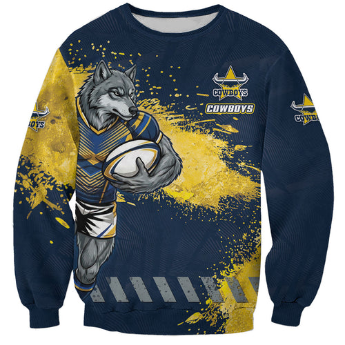 Personalised North Queensland Cowboys Rugby Sweatshirt Wolf Mascot - Sporty Splash Art Style