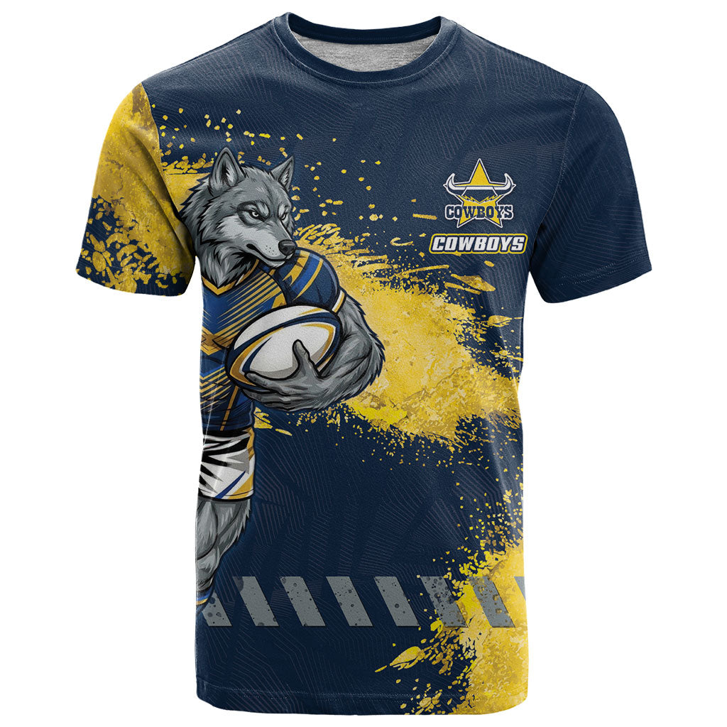 Personalised North Queensland Cowboys Rugby T Shirt Wolf Mascot - Sporty Splash Art Style