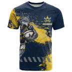 Personalised North Queensland Cowboys Rugby T Shirt Wolf Mascot - Sporty Splash Art Style