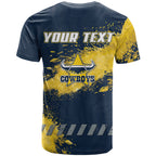 Personalised North Queensland Cowboys Rugby T Shirt Wolf Mascot - Sporty Splash Art Style