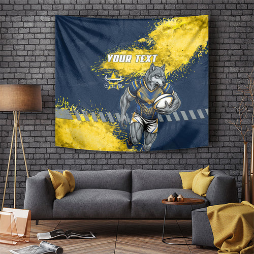 Personalised North Queensland Cowboys Rugby Tapestry Wolf Mascot - Sporty Splash Art Style