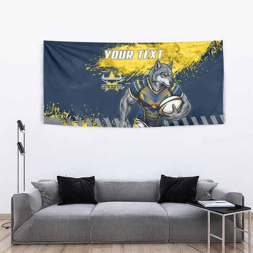 Personalised North Queensland Cowboys Rugby Tapestry Wolf Mascot - Sporty Splash Art Style