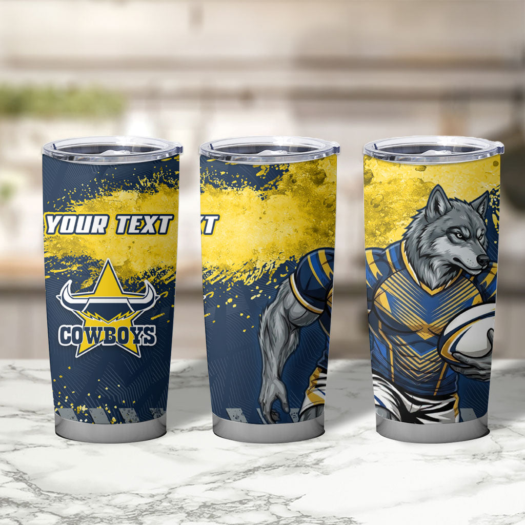 Personalised North Queensland Cowboys Rugby Tumbler Cup Wolf Mascot - Sporty Splash Art Style