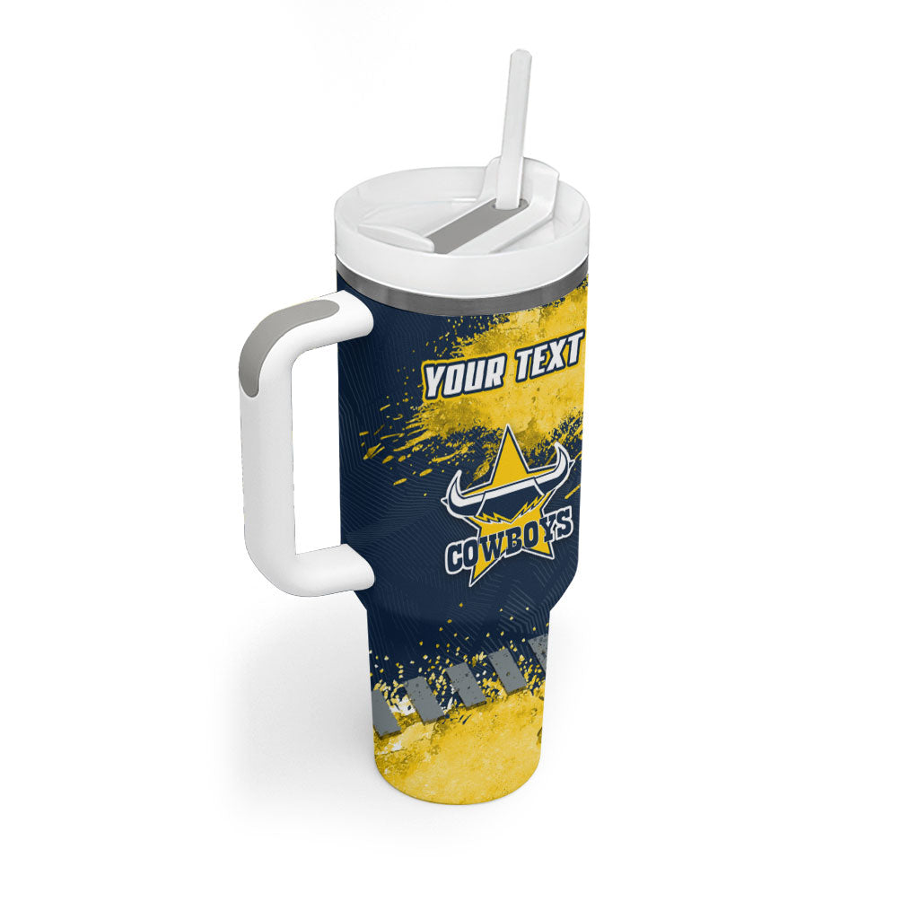 Personalised North Queensland Cowboys Rugby Tumbler With Handle Wolf Mascot - Sporty Splash Art Style