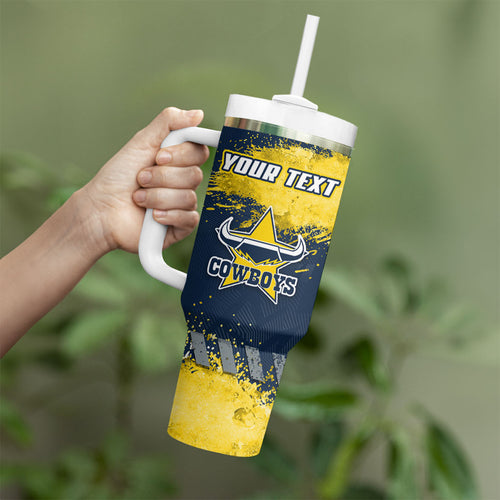 Personalised North Queensland Cowboys Rugby Tumbler With Handle Wolf Mascot - Sporty Splash Art Style