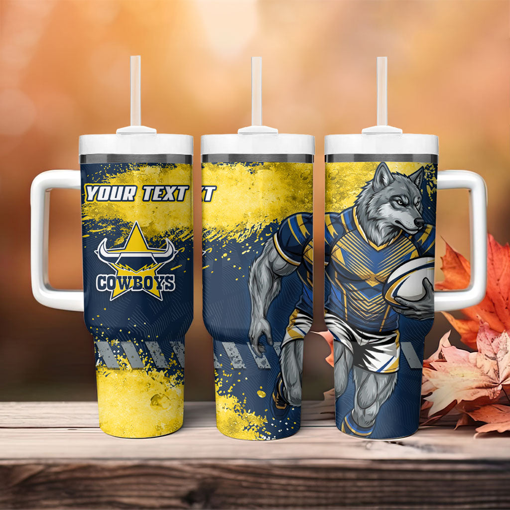 Personalised North Queensland Cowboys Rugby Tumbler With Handle Wolf Mascot - Sporty Splash Art Style