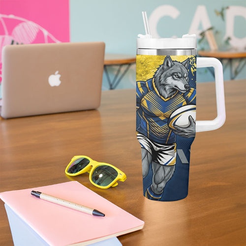 Personalised North Queensland Cowboys Rugby Tumbler With Handle Wolf Mascot - Sporty Splash Art Style