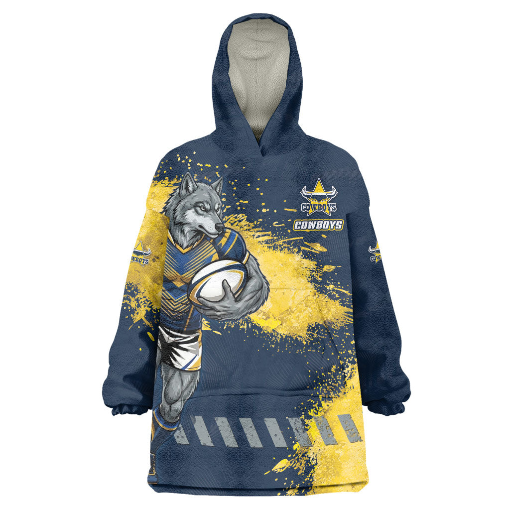 Personalised North Queensland Cowboys Rugby Wearable Blanket Hoodie Wolf Mascot - Sporty Splash Art Style