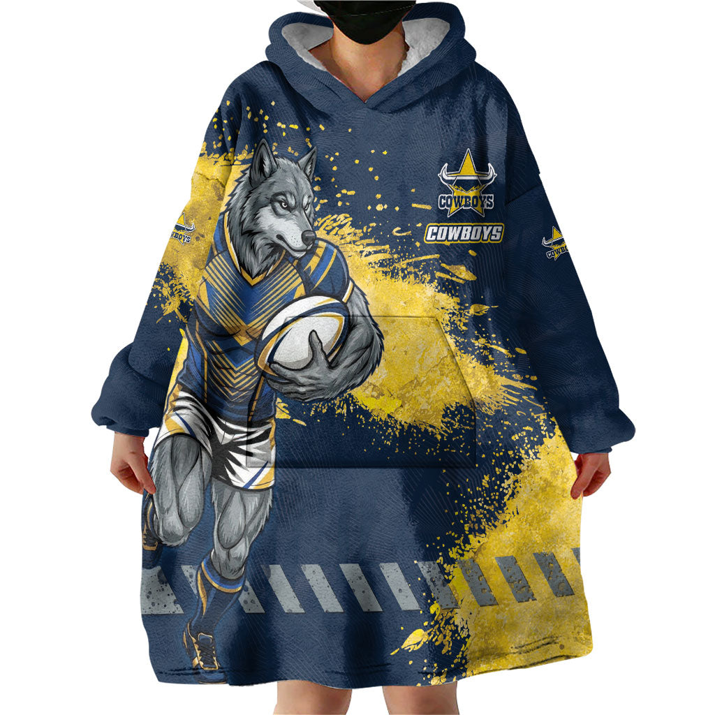 Personalised North Queensland Cowboys Rugby Wearable Blanket Hoodie Wolf Mascot - Sporty Splash Art Style
