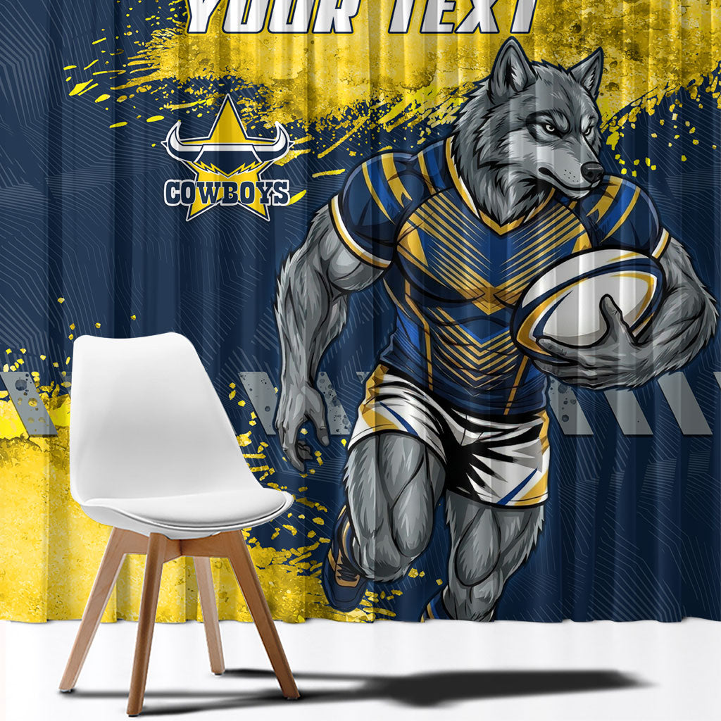 Personalised North Queensland Cowboys Rugby Window Curtain Wolf Mascot - Sporty Splash Art Style