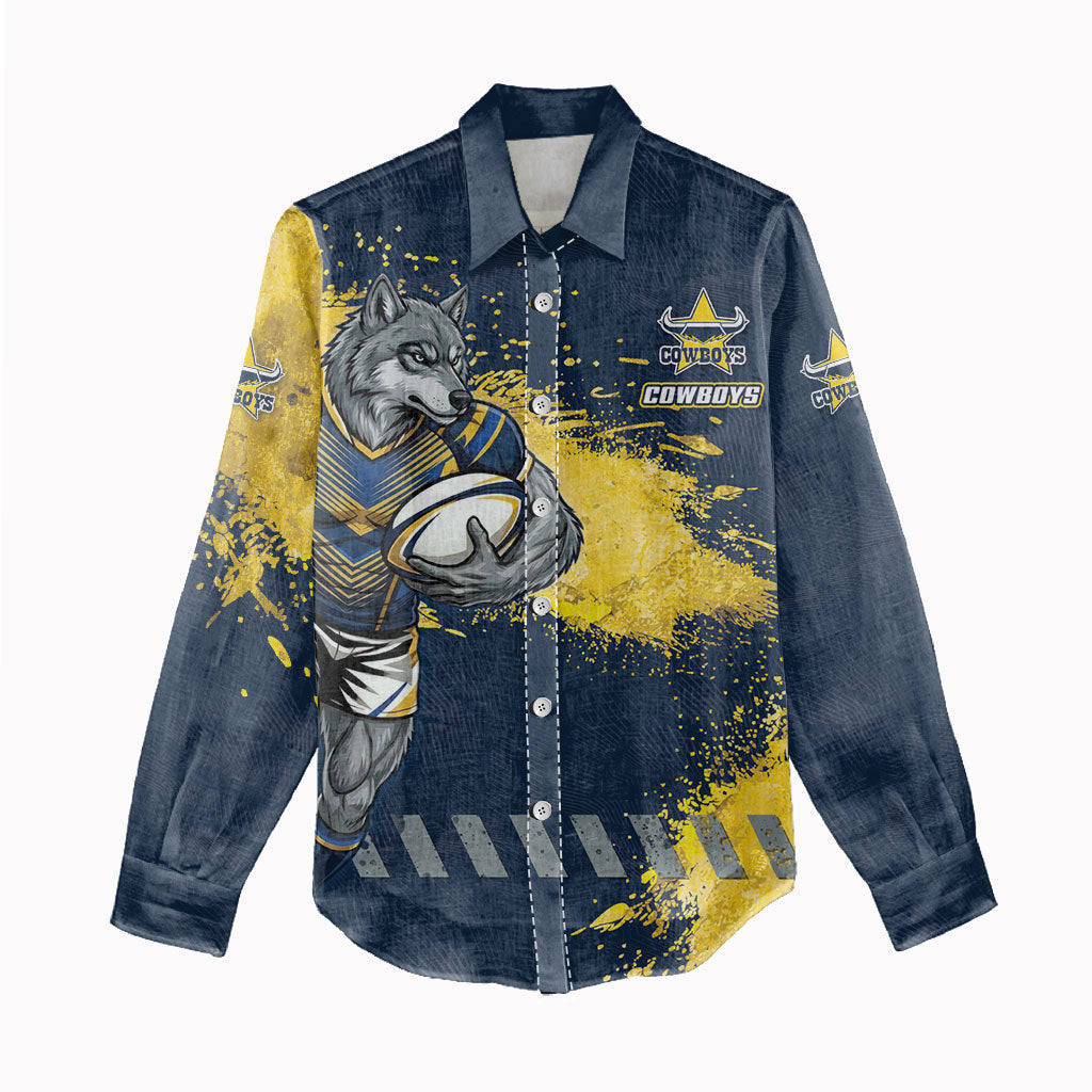 Personalised North Queensland Cowboys Rugby Women Casual Shirt Wolf Mascot - Sporty Splash Art Style