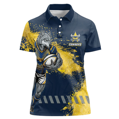 Personalised North Queensland Cowboys Rugby Women Polo Shirt Wolf Mascot - Sporty Splash Art Style