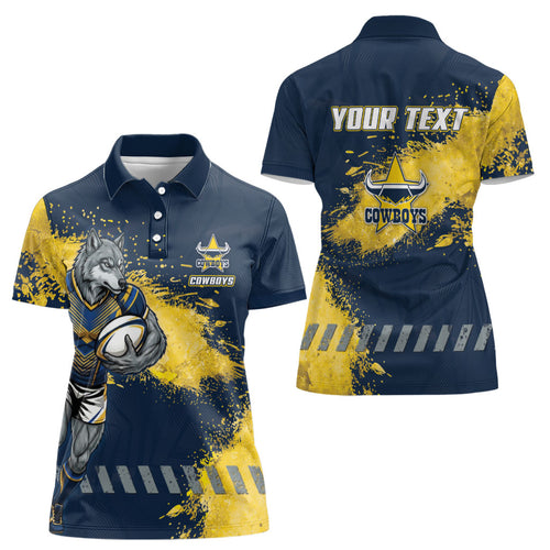 Personalised North Queensland Cowboys Rugby Women Polo Shirt Wolf Mascot - Sporty Splash Art Style