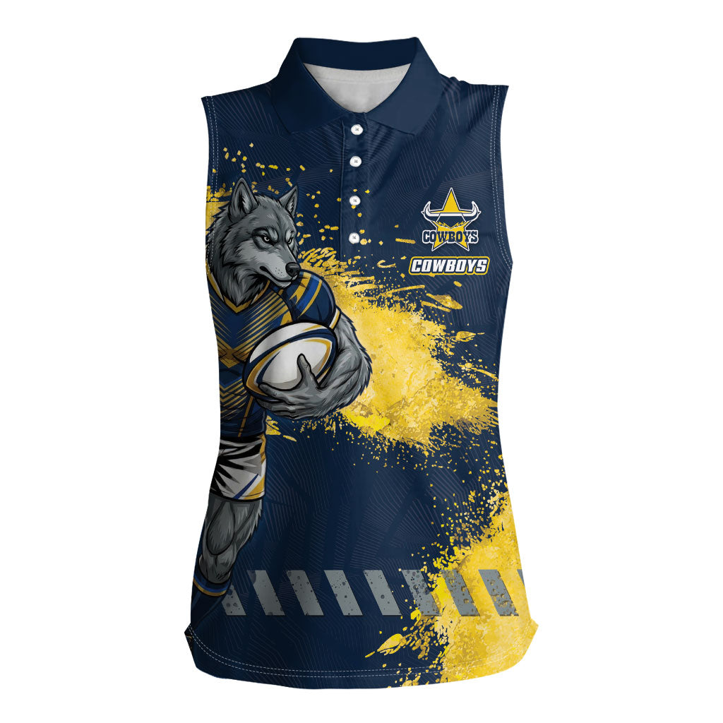 Personalised North Queensland Cowboys Rugby Women Sleeveless Polo Shirt Wolf Mascot - Sporty Splash Art Style