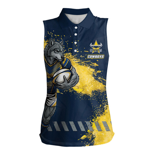 Personalised North Queensland Cowboys Rugby Women Sleeveless Polo Shirt Wolf Mascot - Sporty Splash Art Style