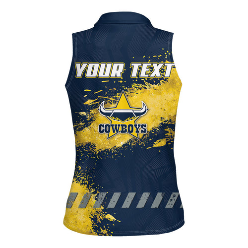 Personalised North Queensland Cowboys Rugby Women Sleeveless Polo Shirt Wolf Mascot - Sporty Splash Art Style