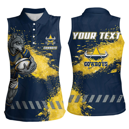 Personalised North Queensland Cowboys Rugby Women Sleeveless Polo Shirt Wolf Mascot - Sporty Splash Art Style