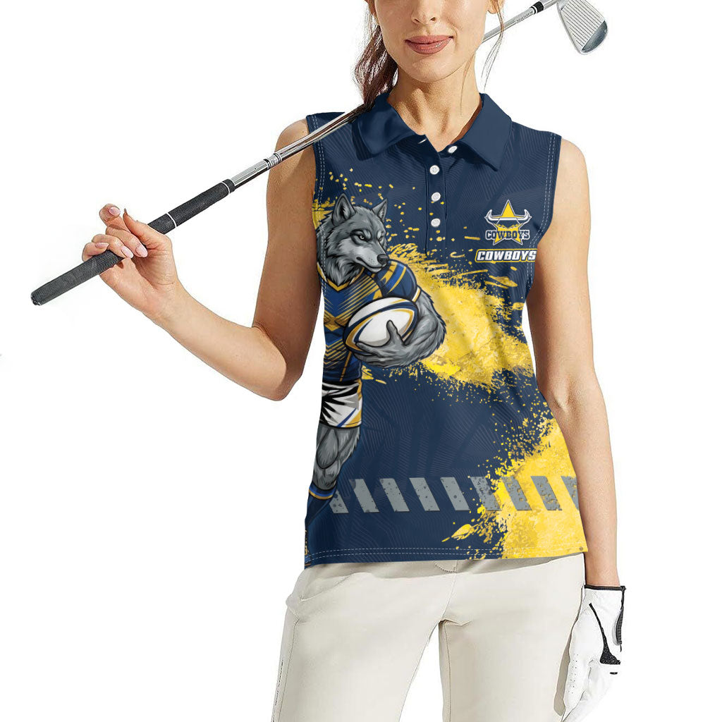 Personalised North Queensland Cowboys Rugby Women Sleeveless Polo Shirt Wolf Mascot - Sporty Splash Art Style