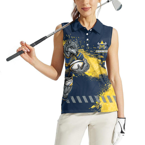 Personalised North Queensland Cowboys Rugby Women Sleeveless Polo Shirt Wolf Mascot - Sporty Splash Art Style