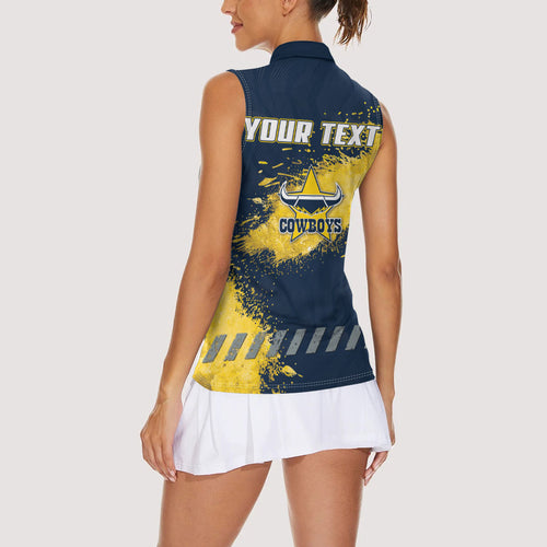 Personalised North Queensland Cowboys Rugby Women Sleeveless Polo Shirt Wolf Mascot - Sporty Splash Art Style