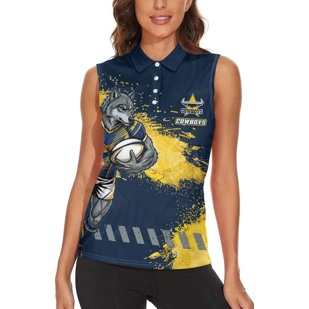Personalised North Queensland Cowboys Rugby Women Sleeveless Polo Shirt Wolf Mascot - Sporty Splash Art Style