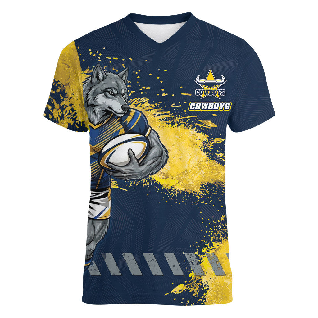 Personalised North Queensland Cowboys Rugby Women V-Neck T-Shirt Wolf Mascot - Sporty Splash Art Style