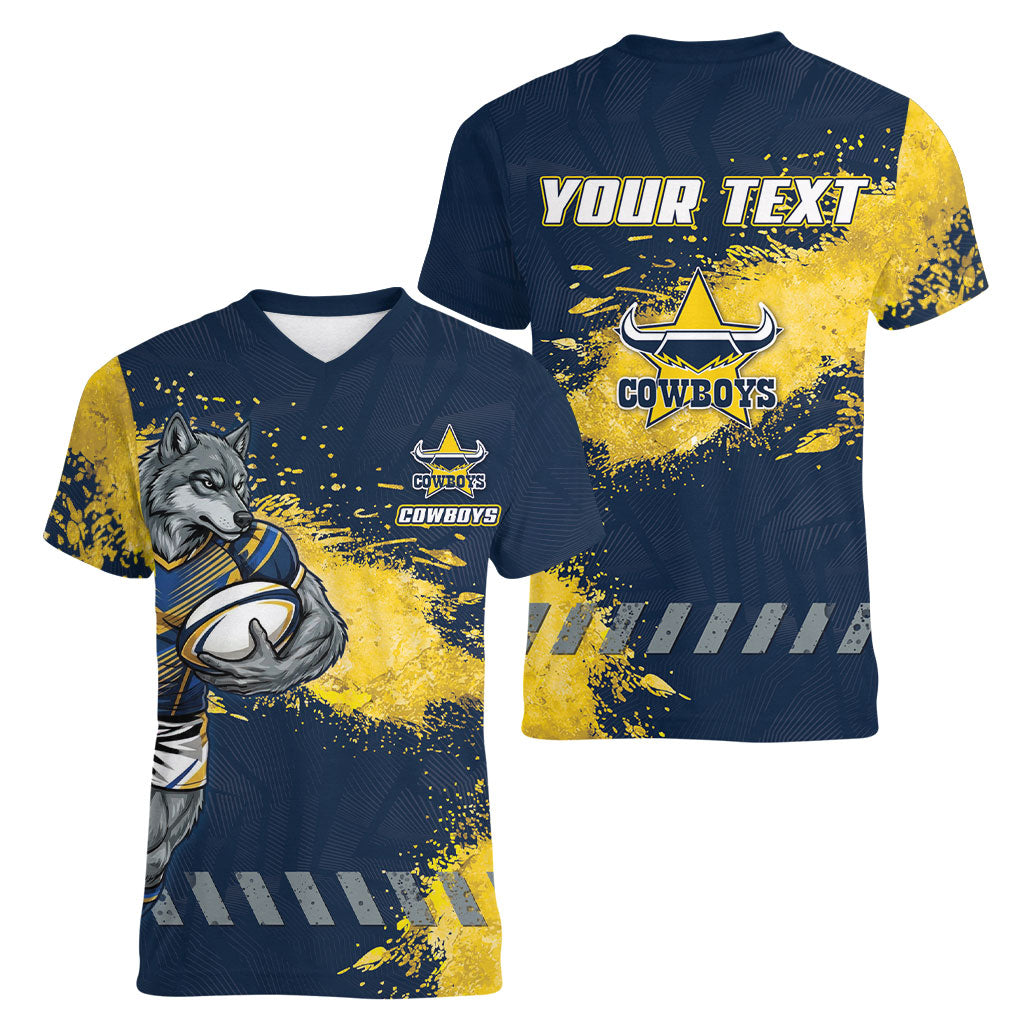 Personalised North Queensland Cowboys Rugby Women V-Neck T-Shirt Wolf Mascot - Sporty Splash Art Style
