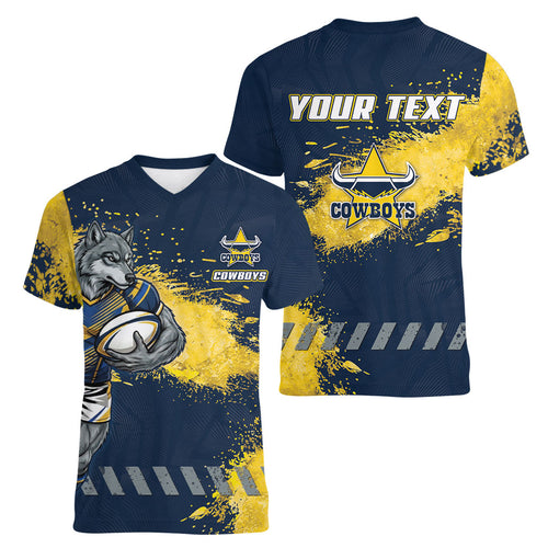 Personalised North Queensland Cowboys Rugby Women V-Neck T-Shirt Wolf Mascot - Sporty Splash Art Style