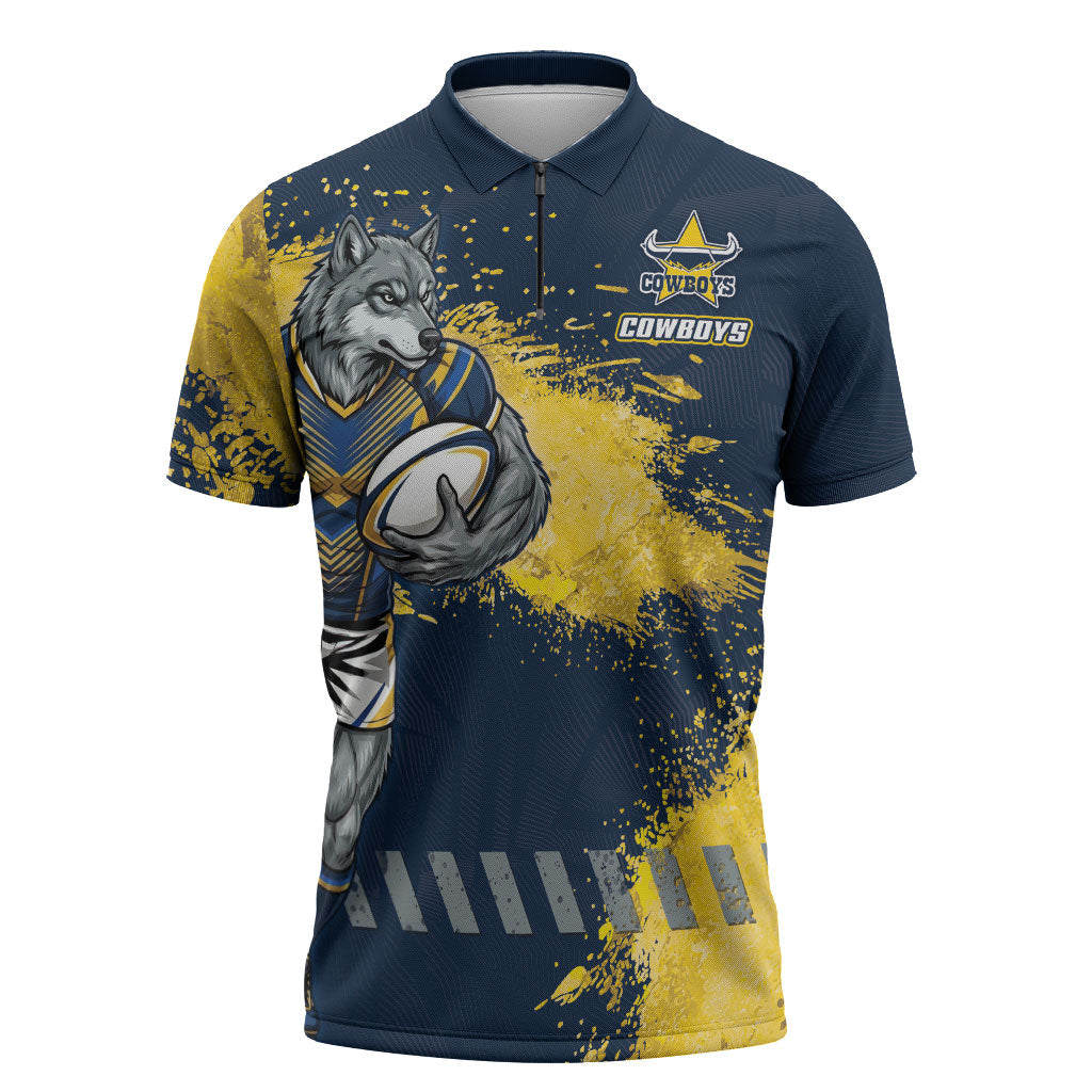 Personalised North Queensland Cowboys Rugby Zipper Polo Shirt Wolf Mascot - Sporty Splash Art Style