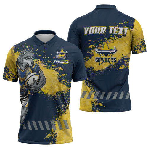 Personalised North Queensland Cowboys Rugby Zipper Polo Shirt Wolf Mascot - Sporty Splash Art Style