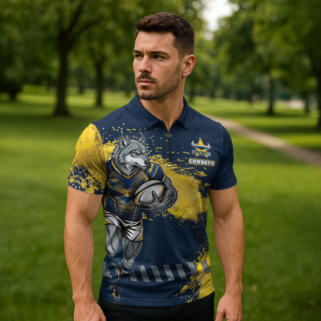 Personalised North Queensland Cowboys Rugby Zipper Polo Shirt Wolf Mascot - Sporty Splash Art Style