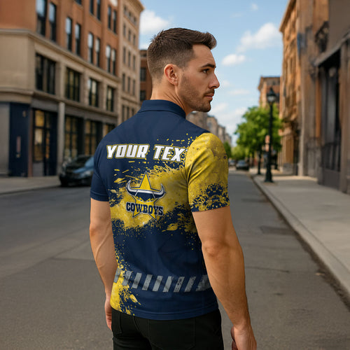 Personalised North Queensland Cowboys Rugby Zipper Polo Shirt Wolf Mascot - Sporty Splash Art Style