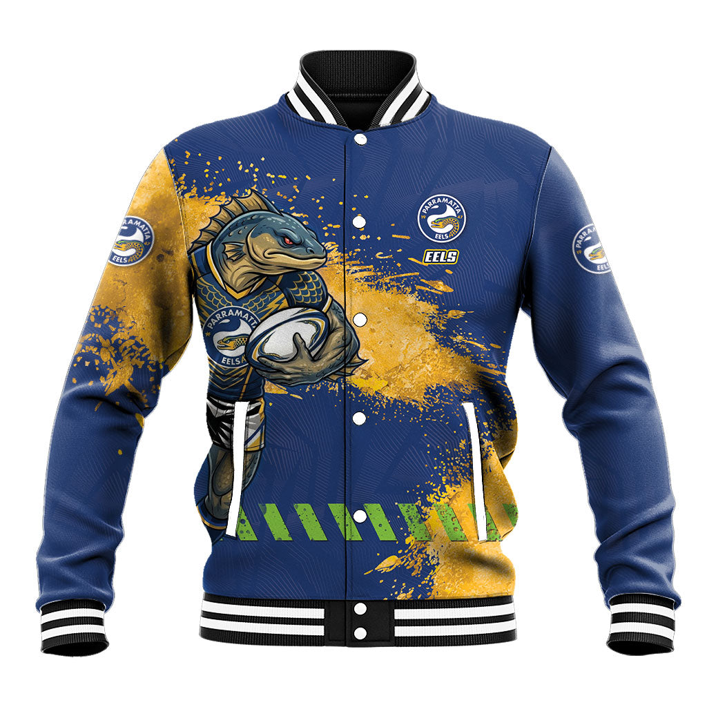 Personalised Parramatta Eels Rugby Baseball Jacket Eel Mascot - Sporty Splash Art Style